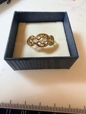 Vintage Gold Tone Scroll Filigree Ring with Triple Cubic Zirconia